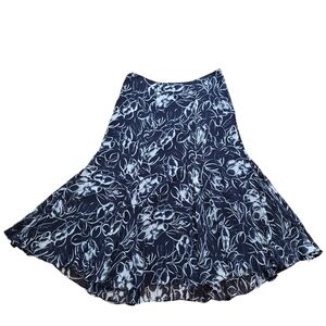 Lauren Ralph Lauren 100% Silk Navy Blue Floral Midi Skirt 12
